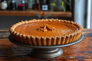 Delicious Pumpkin Pie on Rustic Wooden Table for Thanksgiving Celebration photo