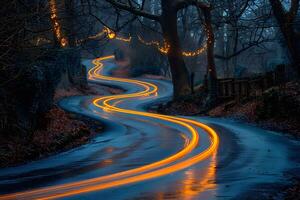 Enchanted Winter Forest Road with Glowing Light Trails at Twilight photo