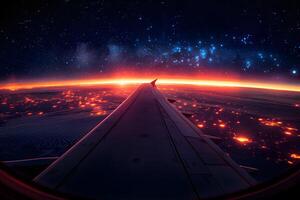 Stunning View of Illuminated Night Sky and Horizon from Airplane Window photo