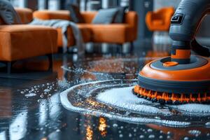 Automated Floor Scrubber in Modern Living Room Setting for Efficient Cleaning photo