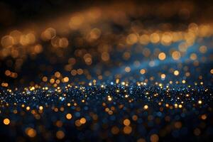 Abstract Bokeh Background with Golden and Blue Glittering Lights for Elegant Designs photo