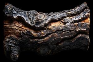Textured Charred Wood Log on Black Background for Design and Art Projects photo