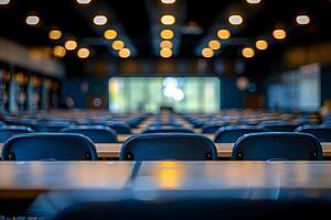Modern Conference Room with High-Tech Ambiance and Rows of Empty Chairs photo