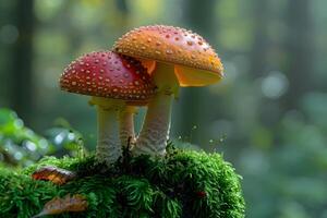 Vibrant Fly Agaric Mushrooms in a Misty Forest Setting for Nature-Themed Decor photo