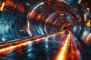 Futuristic Cyber Tunnel with Neon Lights for Sci-Fi Design and Digital Concepts photo