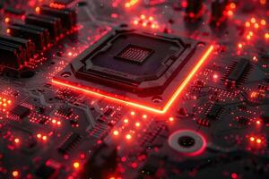 Futuristic Circuit Board with Glowing Red Lights for Technology Design photo