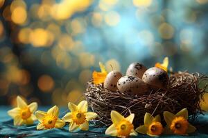 Springtime Easter Nest with Quail Eggs and Daffodils for Seasonal Decor and Celebration photo
