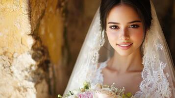 A bride with a radiant smile holds a beautiful bouquet in a charming, rustic setting photo