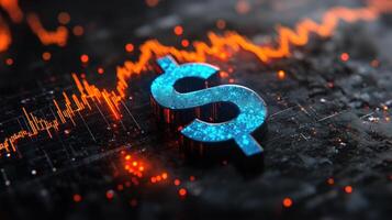 The glowing dollar sign stands out against a background of fluctuating market graphs representing financial activity photo