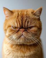 A distinctive orange cat displays a grumpy expression while sitting against a plain backdrop photo