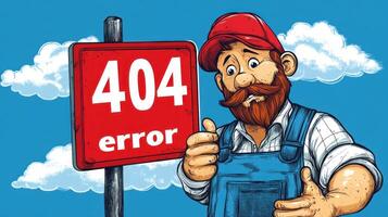 A whimsical character points at a 404 error sign with clouds in the background, evoking a lighthearted tech theme photo