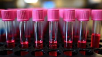 Laboratory vials filled with red liquid are neatly organized in a rack for testing and analysis procedures photo