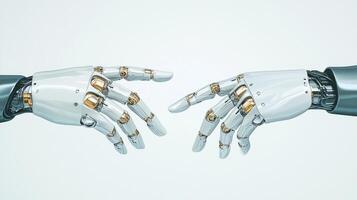 Robotic hands extend towards each other, illustrating the intersection of humanity and advanced technology photo