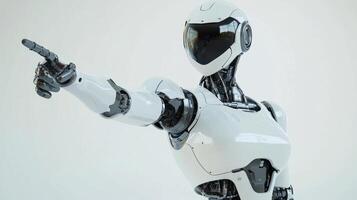 The humanoid robot demonstrates advanced design and technology by confidently pointing in an exhibit hall photo