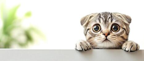 A cute Scottish fold kitten looks curiously over a wooden ledge in a softly lit area filled with greenery photo