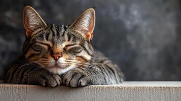 A tabby cat rests its head on a ledge, enjoying a peaceful nap in a comfortable indoor setting photo