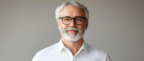 A confident man with gray hair and a beard stands against a simple background, wearing a casual white shirt and glasses photo