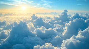 Bright sunlight breaks through dense clouds, creating a serene atmosphere at dawn photo