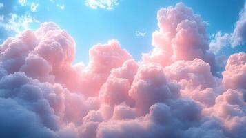 Soft pink clouds reflect sunlight, forming a tranquil and beautiful sky filled with fluffy textures photo