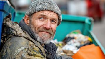 A smiling man in a beanie sits next to a green dumpster, surrounded by scattered garbage in an urban area photo