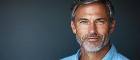 A confident man showcases a warm smile while dressed casually, illuminated by soft lighting photo