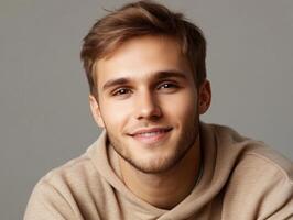 A young man with a warm smile, wearing a beige hoodie, poses against a simple background in a relaxed indoor setting photo