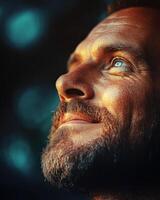 A man enjoys a moment of contemplation as sunlight highlights his features in a serene outdoor setting photo