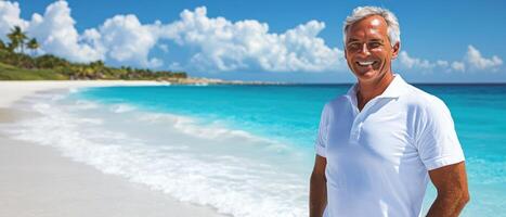 A relaxed man enjoys a sunny day on a serene beach with clear blue waters and soft white sand photo