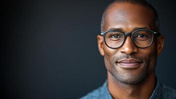 A man with glasses smiles warmly, showcasing confidence and approachability in a relaxed atmosphere photo