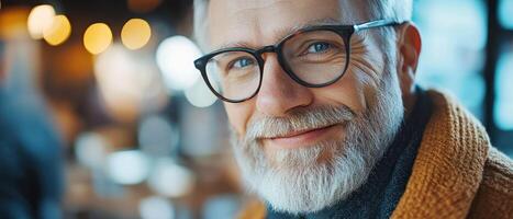 An older man with glasses and a beard smiles warmly while enjoying his time in a cozy cafe filled with soft lighting photo