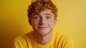 A cheerful young man exudes positivity with a smile, standing in front of a vibrant yellow wall photo
