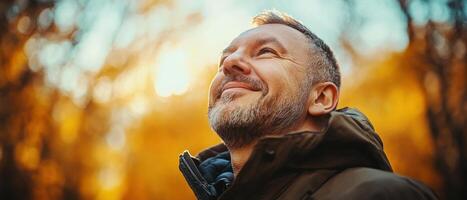 A man with a beard smiles while looking up at the bright sky surrounded by vibrant autumn foliage photo