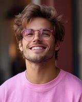 A cheerful young man wearing pink glasses and a pastel sweatshirt radiates happiness in an urban environment photo