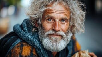 An elderly man with a joyful expression enjoys the warm sun while seated on a bustling urban sidewalk photo