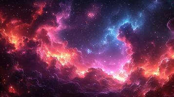 Colorful clouds of gas and dust swirl in deep space, illuminated by brilliant starlight against a dark background photo