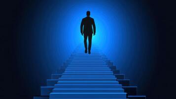 A lone figure climbs upward on glowing steps, creating a mysterious atmosphere at dusk photo