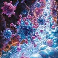 Colorful virus particles are shown interacting with cells in a vibrant biological setting at a microscopic level photo