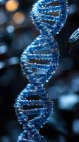 The intricate blue double helix design is adorned with water droplets, highlighting its molecular structure beautifully photo