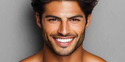 A young man showcases a bright smile while posing confidently against a simple background photo