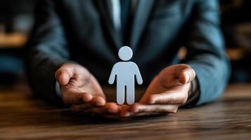 A person in a suit cradles a small figure in their hands, symbolizing care and support photo