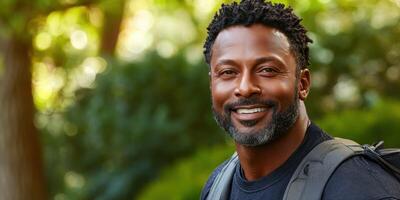 A cheerful man stands in a lush green setting, smiling under the warm afternoon sun with a relaxed demeanor photo