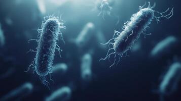 Microscopic view of bacteria drifting in water, showcasing their unique shapes and structures in a dark environment photo