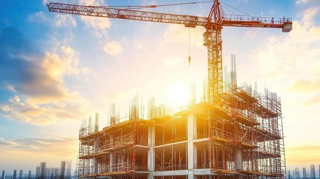 Workers are busy constructing a tall building as the sun sets, creating a dramatic backdrop of colors in the sky photo