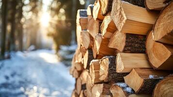 Firewood stacked neatly on the ground, surrounded by snow and trees, as sunlight filters through the forest photo