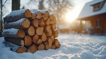 A stack of firewood rests on the snow while the sun sets behind a rustic cabin in winter photo