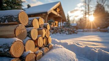 Sunlight breaks through clouds, casting a warm glow on stacked firewood next to a snow-covered cabin photo
