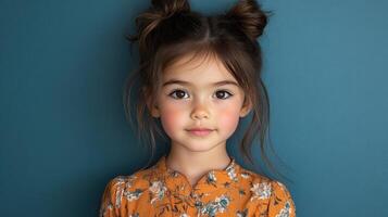 The girl displays a charming expression while styled with two buns and wearing a floral-patterned dress photo