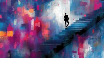 A person stands poised on steps, moving upward through a vivid, abstract landscape filled with dynamic colors photo