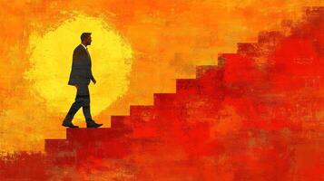 A businessman climbs steps against a bright sunset backdrop, representing progress and determination in his journey photo