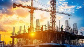 Workers are completing a high-rise construction project as the sun sets, casting a warm glow over the site photo